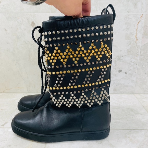 LOUBOUTIN {38} Boots Leather Studded Accents Lace-Up Boots - Picture 1 of 16